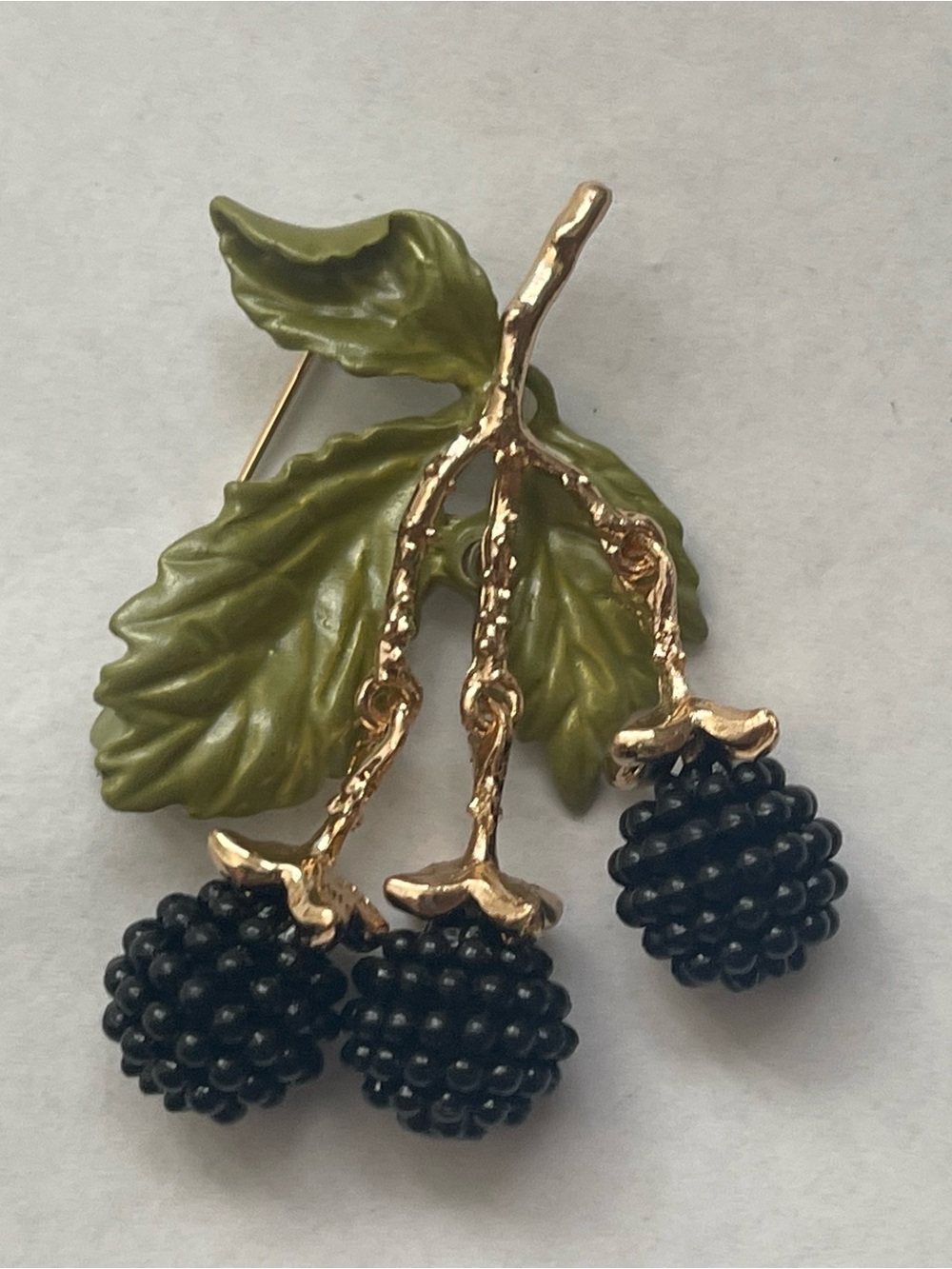 Gold-Tone Green Leaf Brooch with Black Bead Berry Accents " Blackberry "